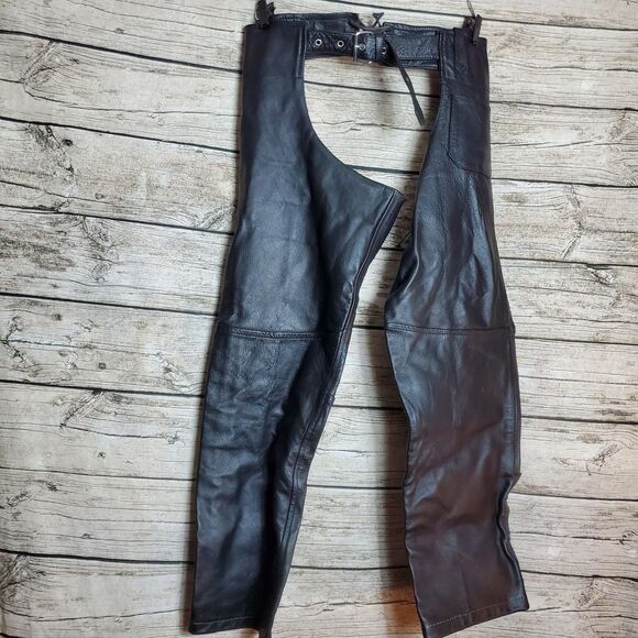 RAIDER Black Chaps  Unisex Bla Leather Motorcycle Biker Size XL - Picture 5 of 7